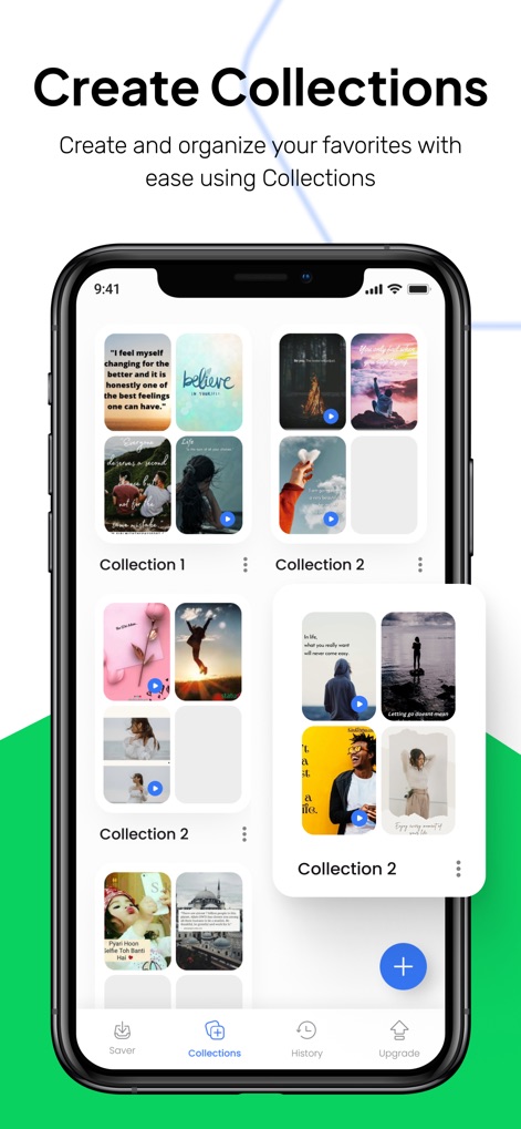 Status Saver : Videos - The app empowers users to create and manage personalized collections of saved statuses, organizing their favorite content into distinct folders like 'Collection 1' and 'Collection 2'.