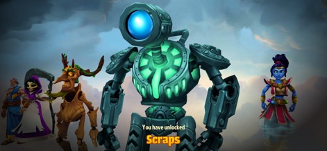 Spellbinders - Gli utenti possono vedere il messaggio di sblocco "You have unlocked Scraps", evidenziando la scoperta di un nuovo imponente personaggio robotico, affiancato da altri Titani iconici come l'essere arboreo.