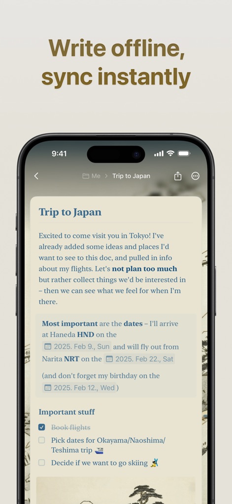 Craft: Notes, Documents, AI - Cet outil offre une expérience d'écriture continue, même hors ligne, comme en témoigne la planification détaillée du "Trip to Japan", et assure une synchronisation immédiate des modifications dès la reconnexion.