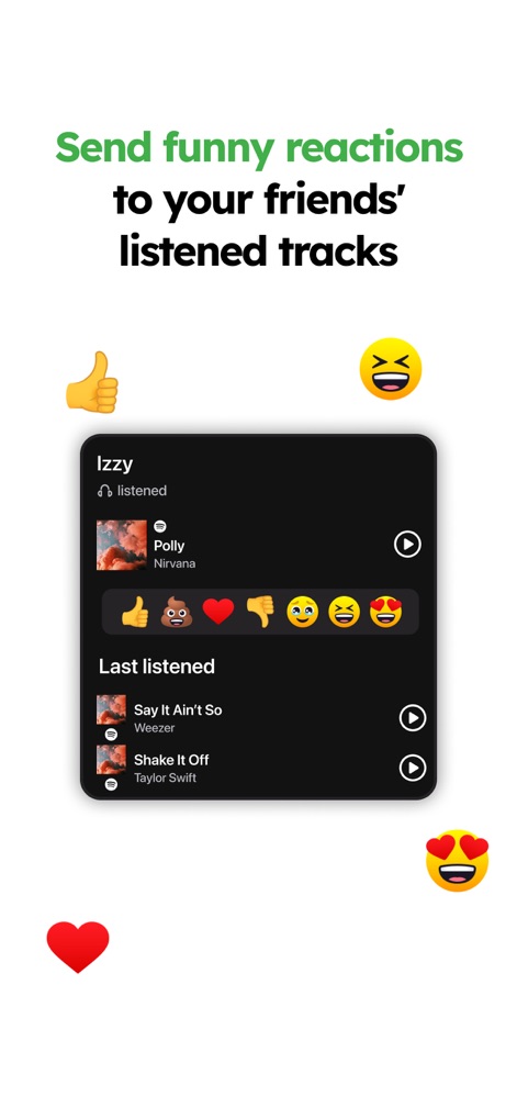 MUBR - see what friends listen - La aplicación ofrece la posibilidad de enviar reacciones emoji a las canciones de los amigos, interactuando directamente con el contenido musical y mostrando iconos variados.