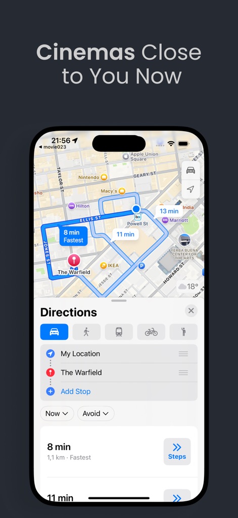 Xuper TV : Movies & TV Series - The app helps users locate nearby cinemas and provides clear navigation directions, including estimated travel time and route details for convenience.