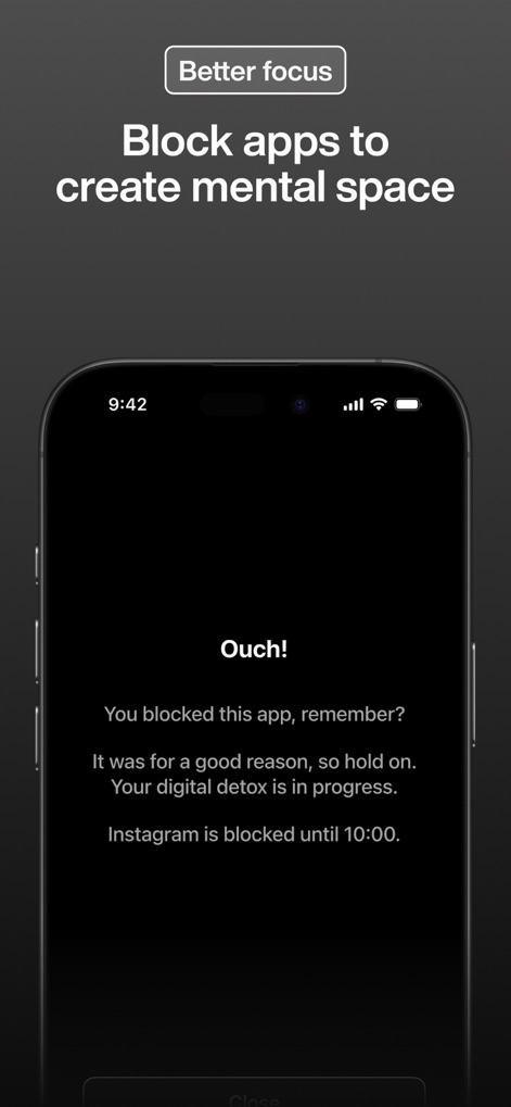 minimalist phone ® - The app features a firm reminder when trying to access a blocked app, stating 'You blocked this app, remember?', and shows the specific time until 'Instagram is blocked until 10:00'.