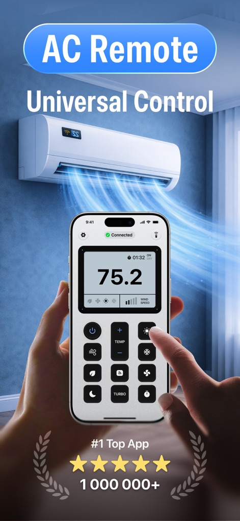 Smart AC Remote Controller App - This tool showcases its universal control capabilities, featuring a prominent digital temperature display and an intuitive, neatly organized button layout for effortless climate management.