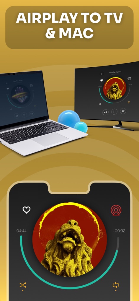 Headphones & Speaker Connect - The app enables seamless audio casting to various AirPlay-compatible devices, as demonstrated by the simultaneous playback on a Mac and a TV.