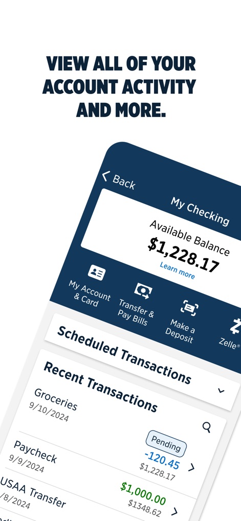 USAA Mobile - This view provides users with a comprehensive transaction history and intuitive quick action buttons for financial management.