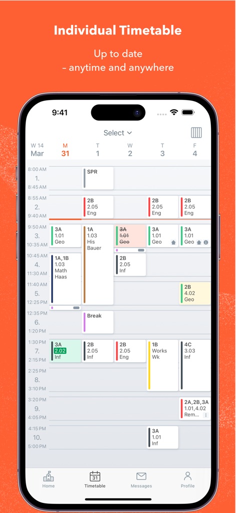 Untis Mobile - See how the app presents a clear, individual timetable with detailed lesson blocks and intuitive bottom navigation for easy access.
