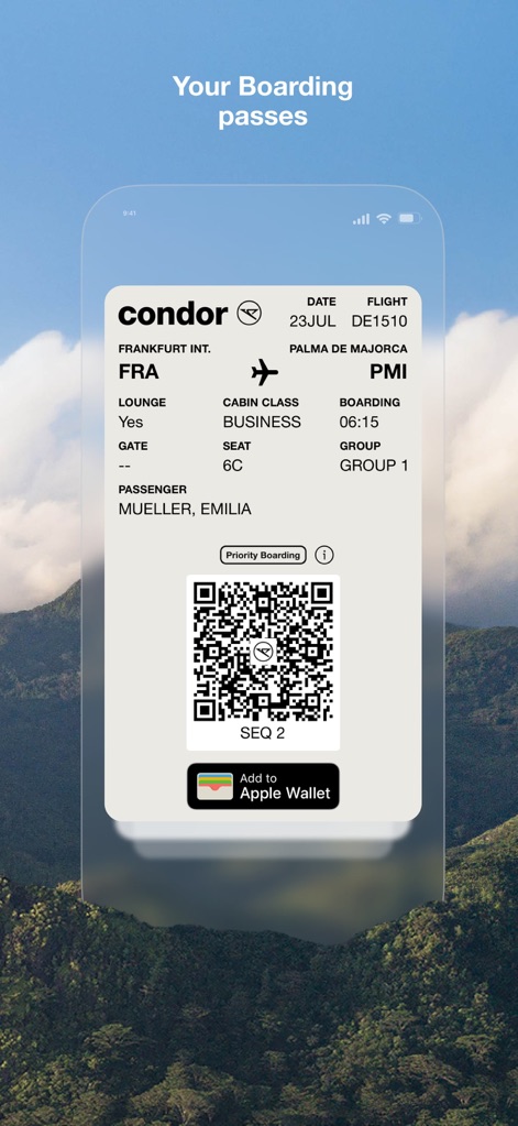 Condor Airlines - La aplicación proporciona el pase de abordar digital con un 'código QR' para escanear y una opción práctica para 'Add to Apple Wallet', agilizando el acceso al embarque.