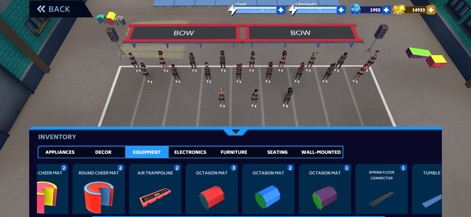 Boss of the World - Users can customize their gym with a wide range of equipment, including various cheer mats and specialized training tools like the 'Air Trampoline' and 'Octagon Mat'.