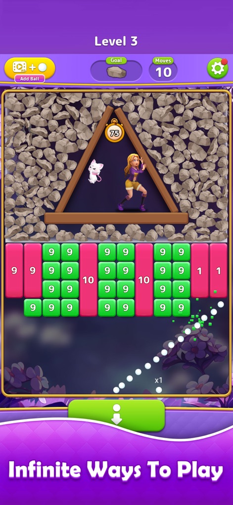 Bricks Ball Journey - This screenshot highlights the new "Adventure Mode" featuring Amelia and her partner Echo, alongside clear "Goal" and "Moves" indicators for strategic play.