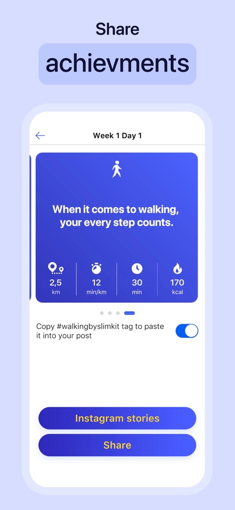 Weight Loss Walking by Slimkit - Users can easily share their workout achievements, displaying key metrics like distance covered and calories burned, with options for direct sharing to social platforms like Instagram.