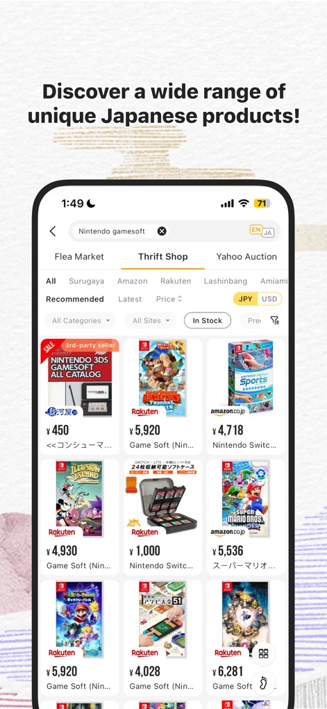 Doorzo – Buy & Bid from Japan - Users can effortlessly browse an expansive product catalog, as seen with numerous Nintendo game titles, and refine their search using filters such as 'Fleamarket' and 'Yahoo Auction'.