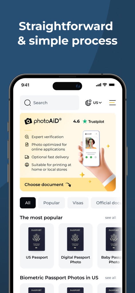 Passport Photo - PhotoAiD - L'application offre une interface simple et conviviale, avec une navigation claire entre les catégories de documents et une excellente note Trustpilot de 4.6 étoiles.