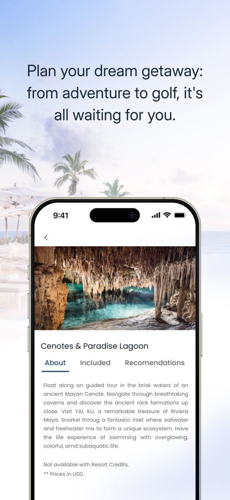 Palace Resorts - The tool presents detailed descriptions of excursions like "Cenotes & Paradise Lagoon," complete with an "About" tab and "Included" features.