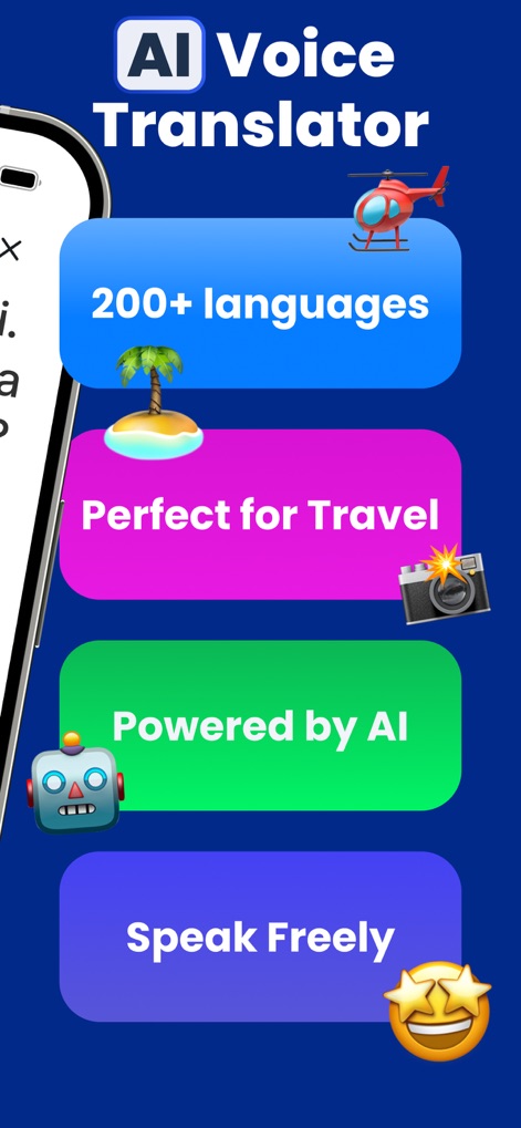Voice Translator AI Translate - Questo screenshot riassume le capacità dell'app con "200+ lingue" per coprire ogni esigenza e la conferma che sia "Powered by AI", assicurando traduzioni intelligenti.
