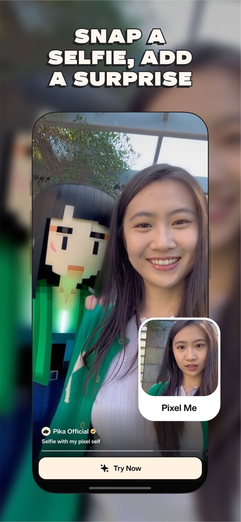 Pikaffects by Pika - Cet outil permet aux créateurs de transformer leurs selfies en ajoutant des éléments inattendus, comme l'effet "Pixel Me" qui métamorphose l'apparence des sujets pour un contenu unique et amusant.