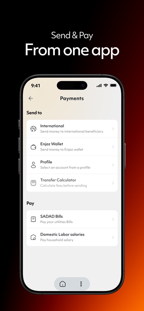 Enjaz Pay - このアプリでは、国際送金機能と、SADAD請求書支払いや家事労働者給与支払いを含む多様な支払いオプションが利用できます。