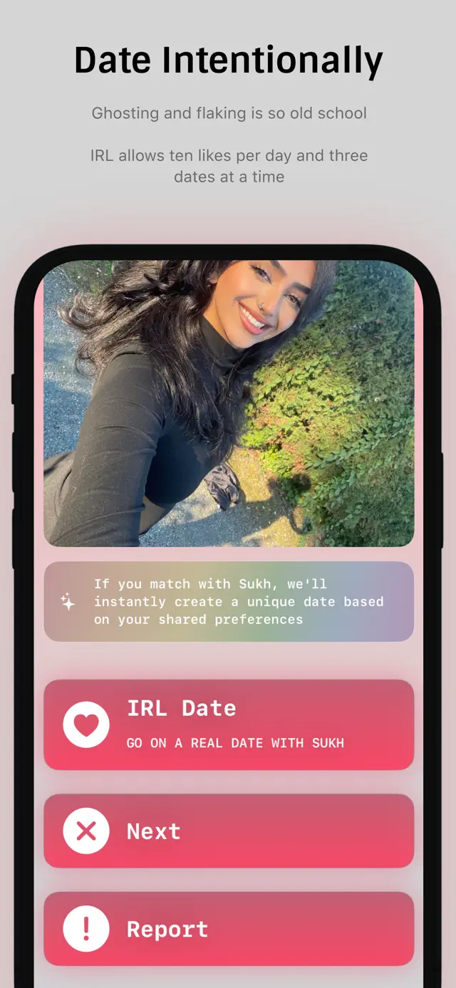 IRL Creates Dates Based on Your Preferences screen