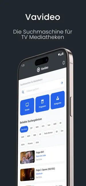 Vavideo App Screenshot – Mediathek Suche Startseite