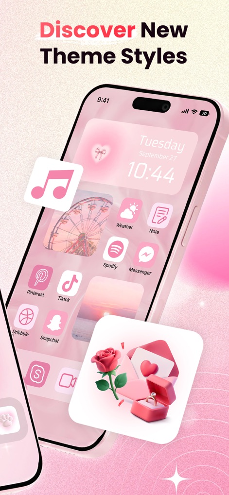 ThemeMate: DIY Wallpaper Theme - Los usuarios pueden explorar y aplicar nuevos estilos de temas, integrando widgets en forma de corazón y de elementos románticos como una rosa y un anillo, junto con una diversidad de íconos personalizados en colores suaves.