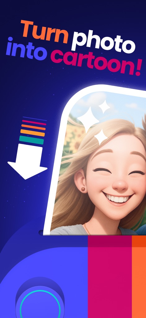 Voilà AI Artist Cartoon Filter - This screenshot showcases the app's primary function, allowing users to effortlessly turn photos into engaging cartoons with visible sparkle effects indicating the transformation process.
