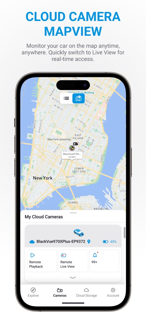 BlackVue - Monitor your vehicle's precise location on the interactive "Mapview" while accessing "Remote Live View" for real-time surveillance of its surroundings.