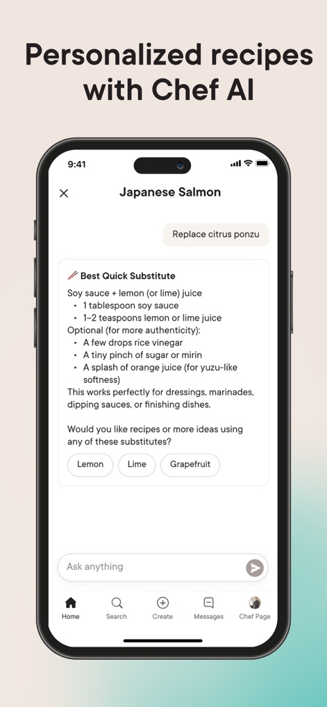 Gronda: Recipes for Chefs - This tool empowers users with an AI-powered ingredient substitution feature, offering alternatives like Lemon or Lime, and an interactive "Ask anything" AI chat for culinary queries.