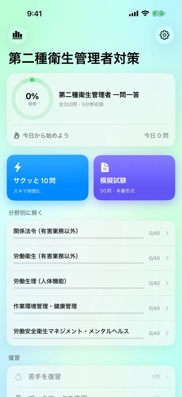 第二種衛生管理者のアプリ画面