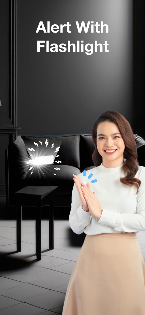 Find My Phone By Clapping - En plus des alertes sonores, l'application active la lampe de poche du téléphone pour une localisation visuelle rapide, comme démontré par le téléphone éclairant et la femme souriante qui applaudit.