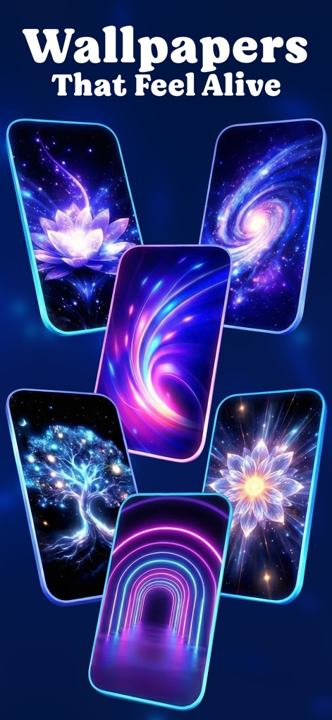 10000+ Wallpapers & Themes - The app offers a rich gallery of 'perfect Live wallpapers,' including mesmerizing galaxy swirls and vibrant glowing trees, to make any device feel truly alive.