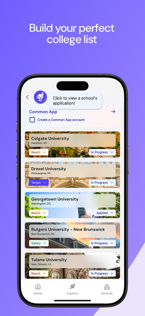 Loper - College Search - The app empowers students to build and manage their college list, clearly displaying designated application statuses like 'Reach' or 'Applied' for each institution.