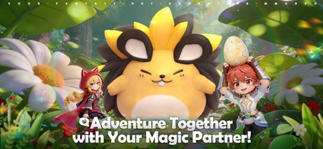 Magicmon: World - Die App präsentiert eine lebendige Fantasiewelt mit einem niedlichen Magicmon in der Mitte und charmanten Anime-Charakteren, die Abenteuer versprechen.