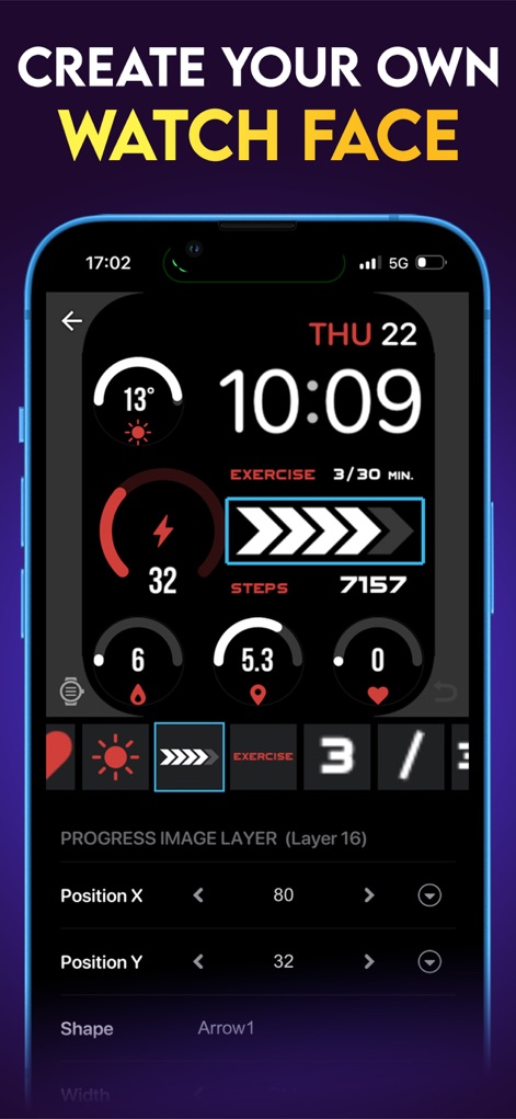 Watch Faces App - Watchmaker - 이 앱은 사용자가 시계 화면에 다양한 진행률 이미지 레이어를 추가하고, 위치(Position X, Position Y)를 조정하여 자신만의 독창적인 디자인을 만들 수 있도록 합니다.