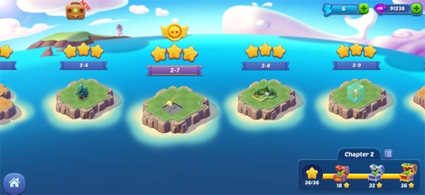 Mergical - Match Island Game - El mapa de progreso con islas flotantes y la barra de logros con recompensas visualizan el recorrido del usuario a través de los niveles de la aplicación.