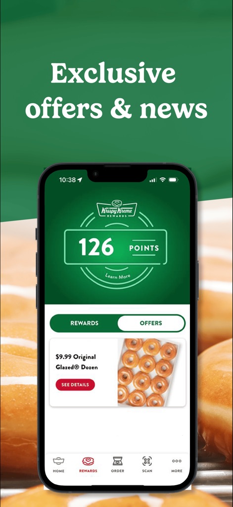 Krispy Kreme ® - Users can navigate to the 'Offers' tab to discover exclusive promotions, such as a special on a '$9.99 Original Glazed® Dozen', enhancing their purchasing experience.