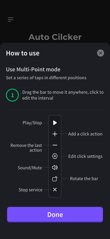 Auto Clicker：Automatic Tapper - Para facilitar el uso, la aplicación incluye una explicación paso a paso del modo multipunto y una clara lista de controles visuales en la barra lateral, asegurando una configuración sencilla y eficaz.