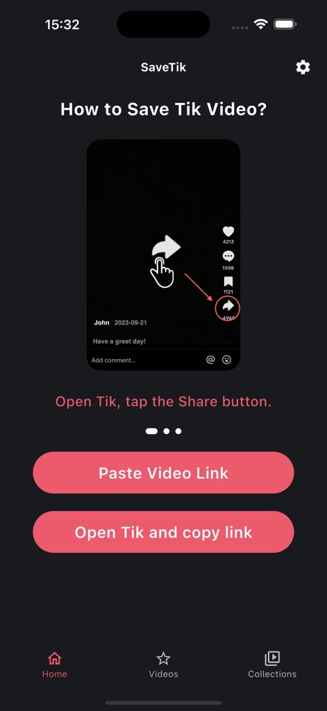 SaveTik: Tik Tock Video Saver - The app guides users to initiate video saving directly from TikTok, emphasizing the clear 'Share' button and a helpful instructional overlay.