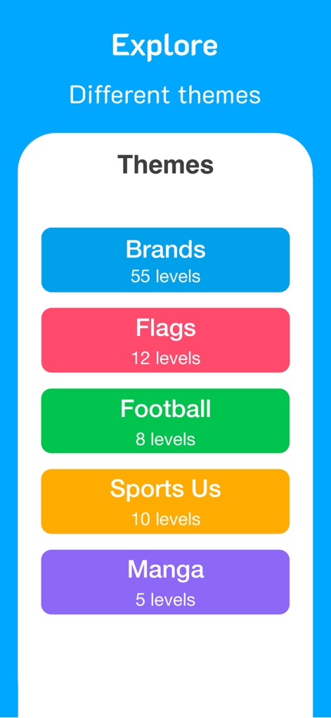 Logo Quiz: Guess Brands - Discover the app's structured theme selection, showing distinct categories like 'Brands' and 'Flags', each indicating the number of levels available for play.