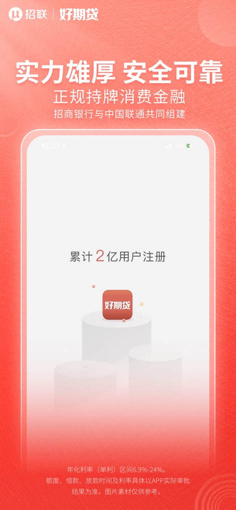 招联好期贷-小额分期贷款借钱平台 - This screen highlights the app's robust backing by '招商银行与中国联通' (China Merchants Bank and China Unicom) and its impressive '累计2亿用户注册' (accumulated 200 million user registrations), showcasing its credibility and scale.