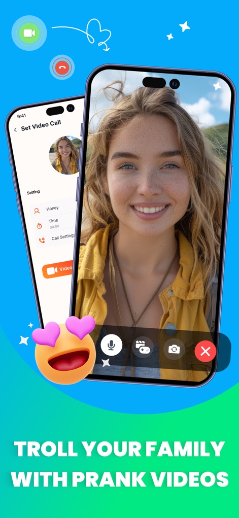 OMG Prank App Prank Sounds - This feature displays a dynamic video call simulation with options to 'Set Video Call' details for a contact named 'Honey', allowing users to create engaging and believable prank scenarios.