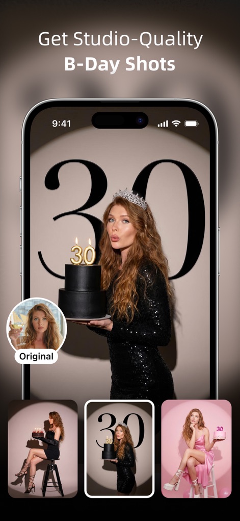 AI Marvels - AI Photo Editor - The app transforms ordinary photos into studio-quality birthday shots, highlighting the original image comparison and various styled output examples.