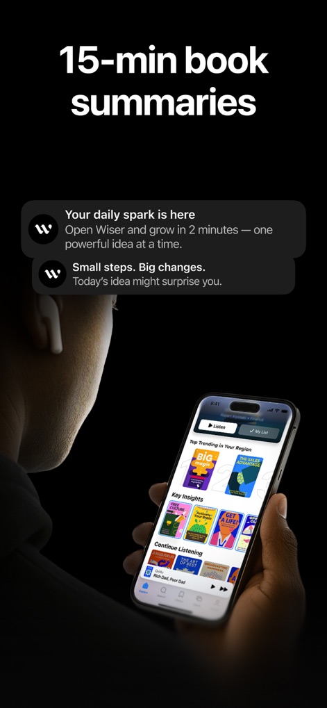 Wiser: Bite-Sized Learning - ユーザーが手軽に知識を得られる15分間のブックサマリーが強調されており、パーソナライズされた通知と多様な書籍カバーのコレクションが特徴です。