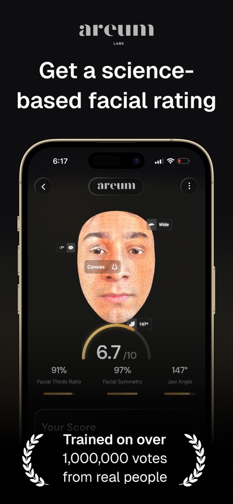 Areum - The app provides a sophisticated 3D facial mesh analysis and quantifiable metrics such as Facial Thirds Ratio and Jaw Angle for a comprehensive score.