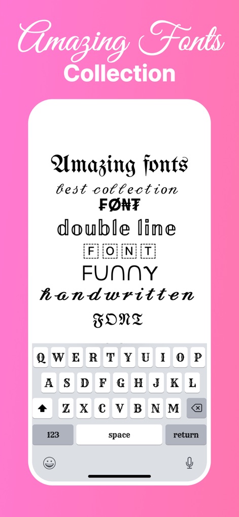 Fonts: Keyboard & Font Art - Esta captura revela a vasta "Coleção de Fontes Exclusivas" disponível, permitindo aos usuários visualizar "estilos de fontes variados" e um "teclado padrão" para entrada de texto.