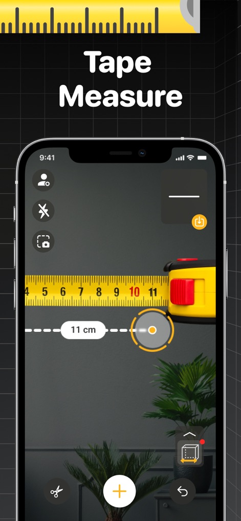 The Tape Measure & 3D Scanner - Observe the app's intuitive digital tape measure function, which provides precise measurements in centimeters (e.g., 11 cm) overlaid onto real-world objects.