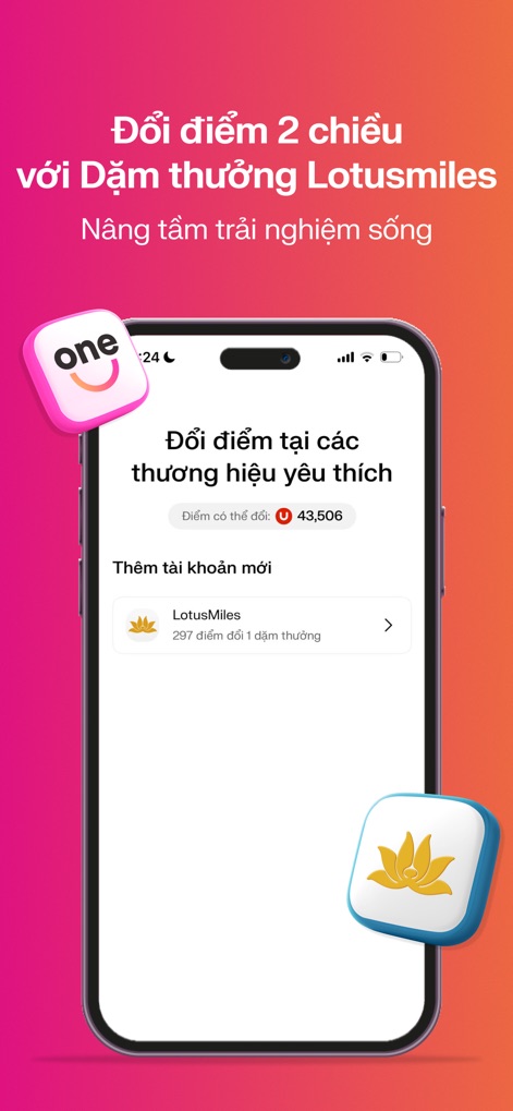 OneU: Tiết kiệm với U-Point - A funcionalidade de troca bidirecional de pontos com o programa Lotusmiles é apresentada, exibindo o saldo de milhas Lotusmiles e a capacidade de converter U-Points para benefícios de viagem.