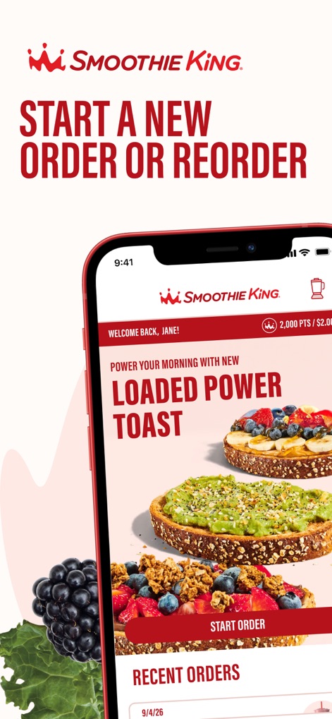 Smoothie King - この画面では、ユーザーはホーム画面から直接新しい注文を開始するか、過去の注文を再注文できます。特に「LOADED POWER TOAST」のプロモーションと「RECENT ORDERS」セクションが便利です。