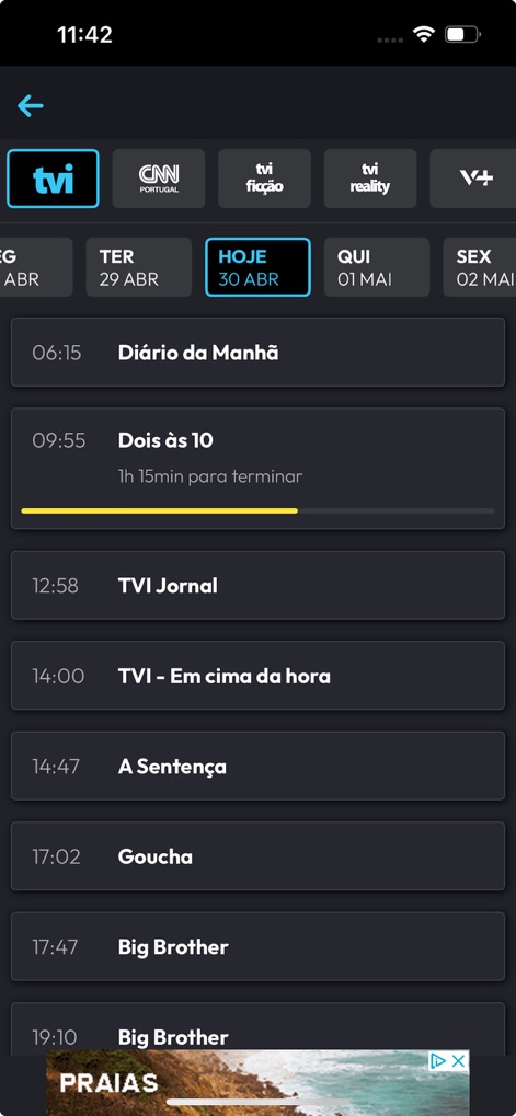 TVI Player - The app offers a structured TV guide, allowing users to select specific dates and view a detailed schedule of programs with their start times and durations.