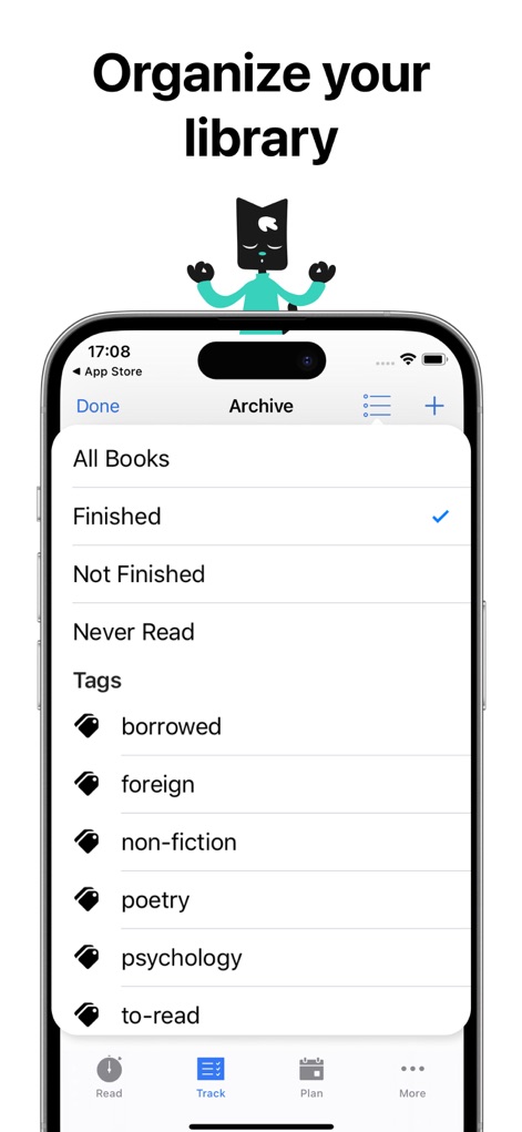 Leio - このアプリは、読了済みや未読などのステータスで書籍をフィルターする機能と、カスタムタグでライブラリを整理する機能を提供します。