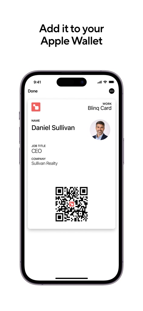 Blinq: Digital Business Card - The app allows for seamless integration with Apple Wallet, enabling quick access to the digital business card and its essential QR code for immediate sharing.