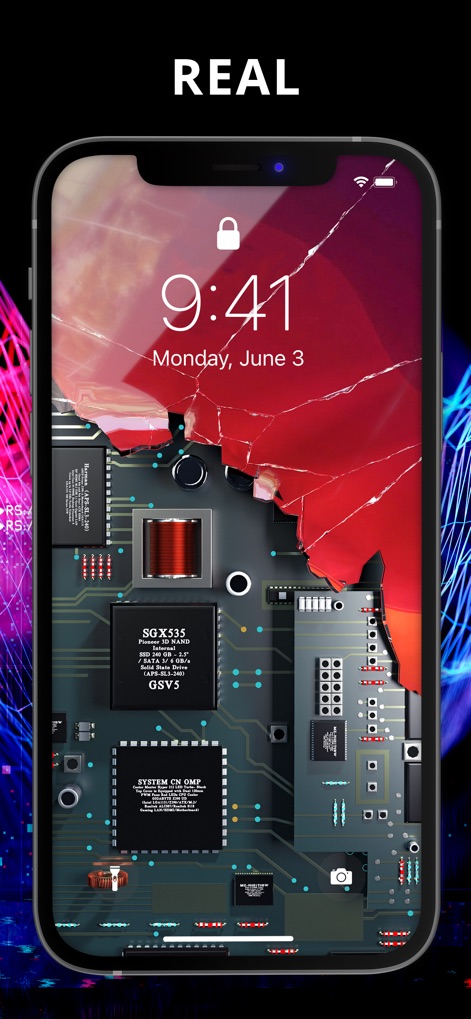 The Best 3D Live Wallpaper - Uma ilustração de uma tela de smartphone com um efeito de vidro rachado realista e uma placa de circuito intrincada exposta, revelando a profundidade do design e a temática tecnológica.